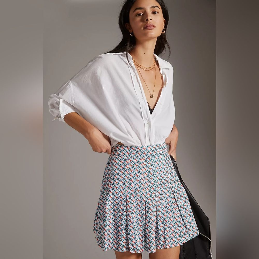 Anthropologie Maeve Pleated Mini Skirt Blue Geometric Floral Plus Size 4
